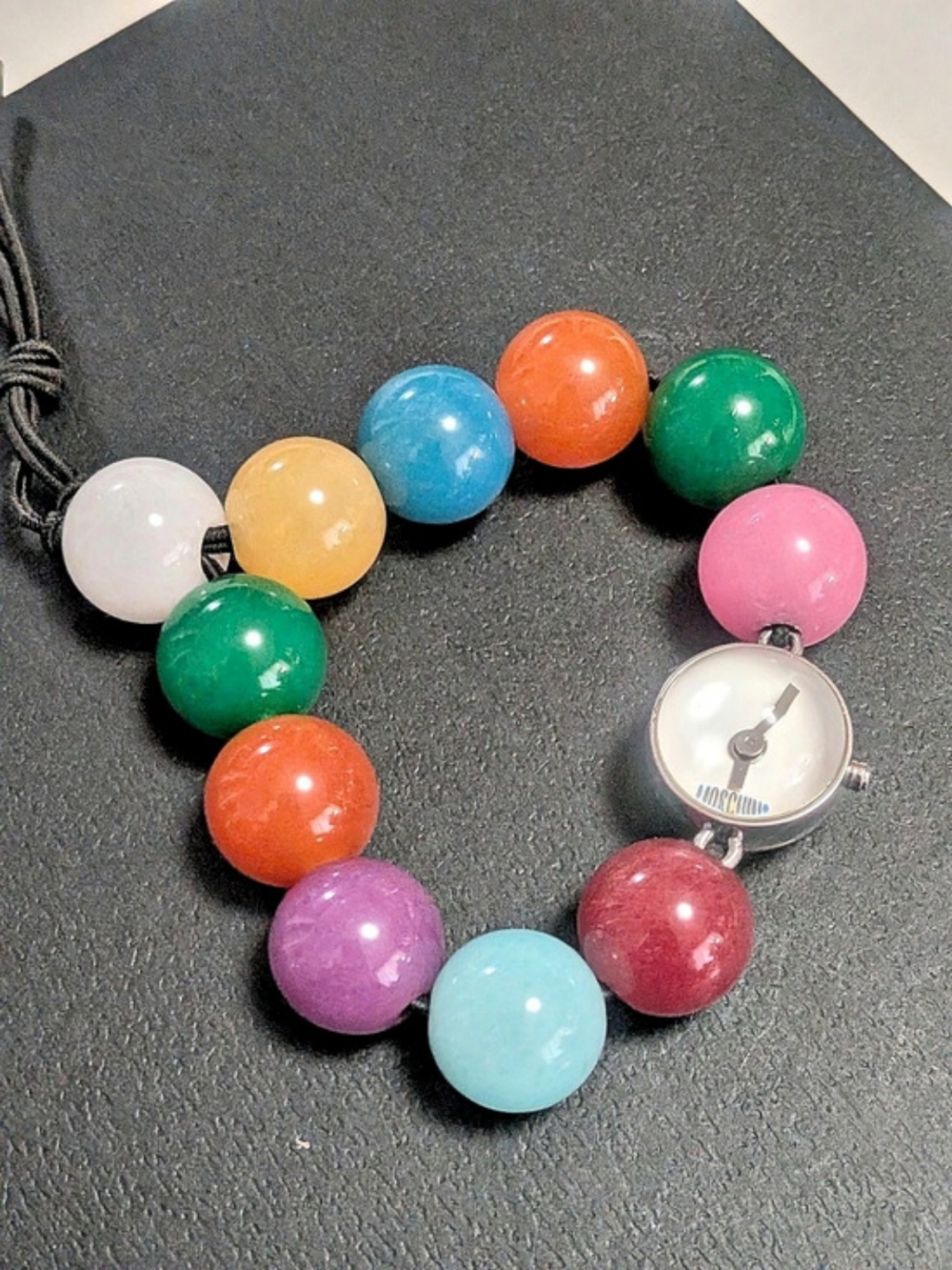 VTG Moschino Jade Stone Bead Stretch Bracelet Watch - Rare Y2K Working